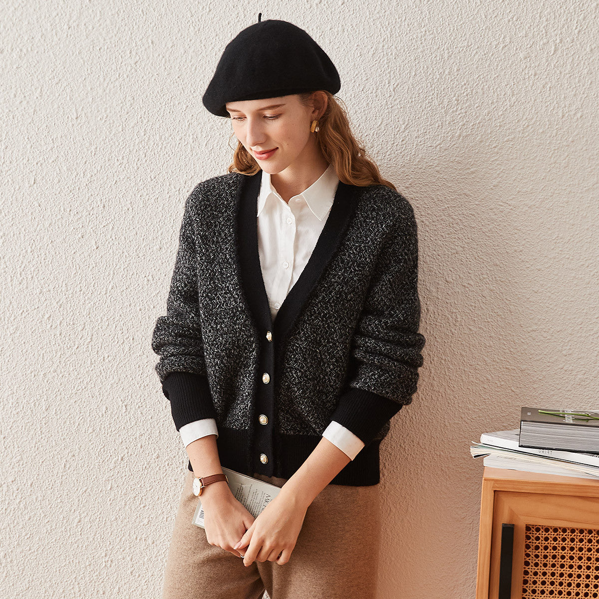 100% Cashmere Tweed Cardigan with Pearl Button Details