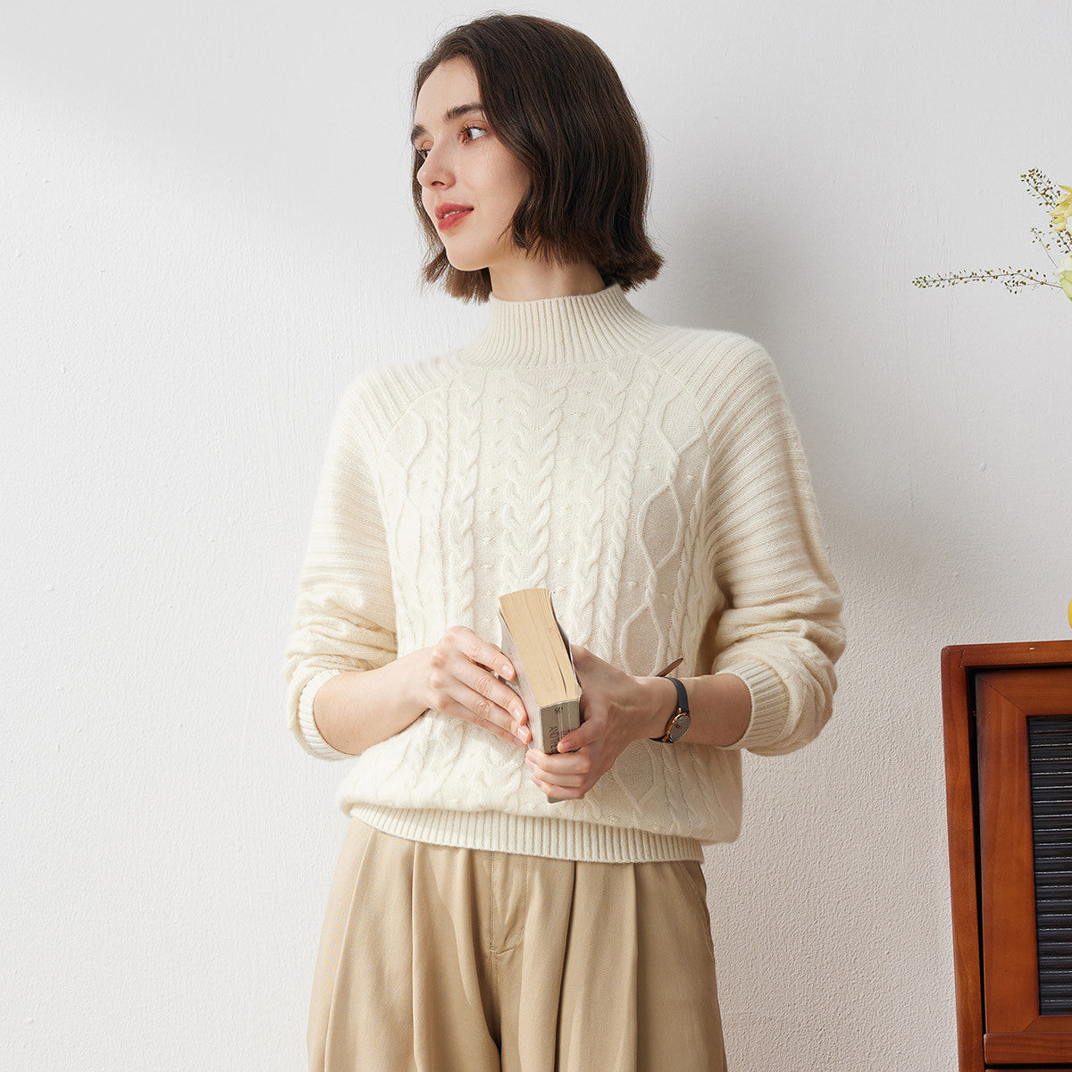 100% Cashmere Cable Knit Turtleneck Sweater