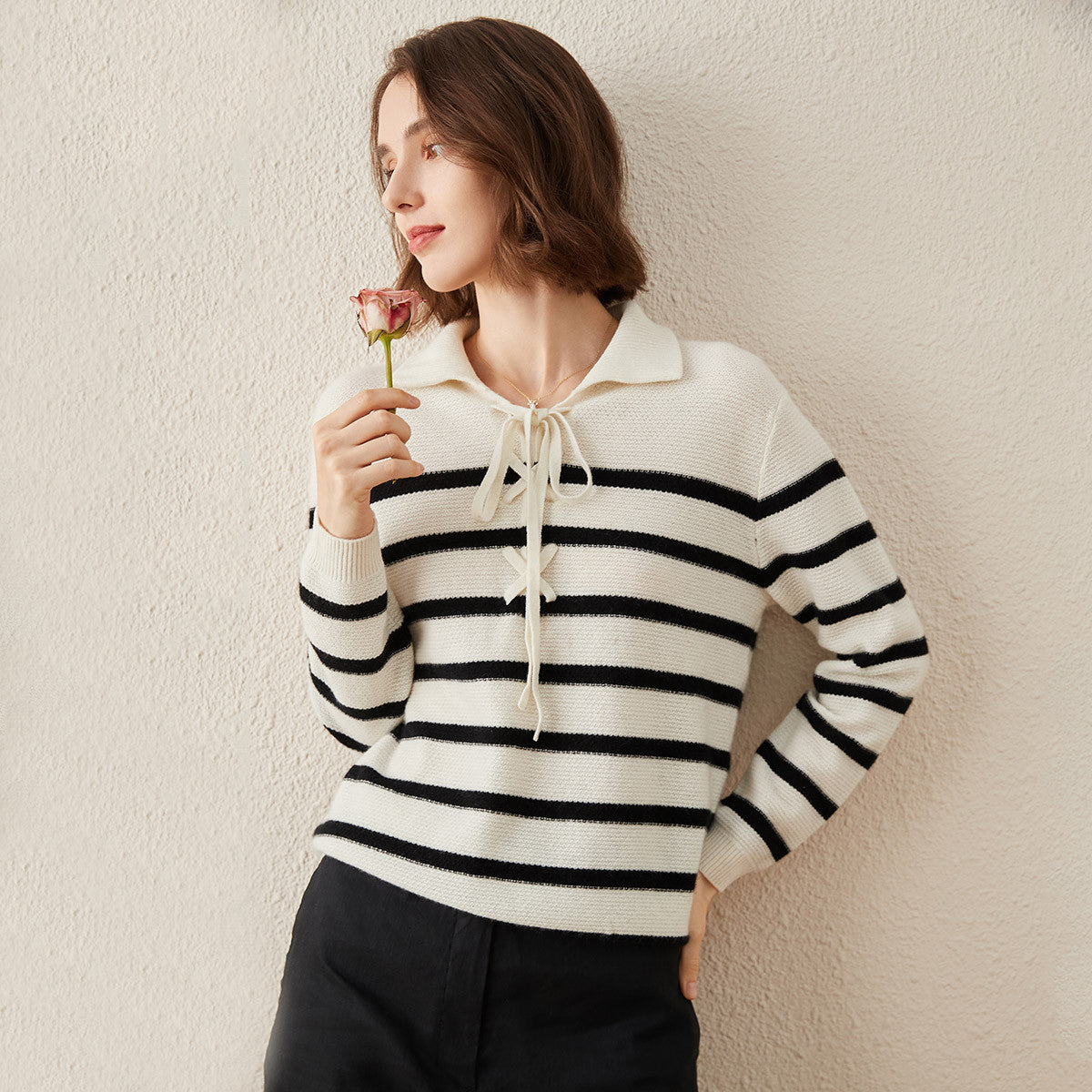 100% Cashmere Striped Lace-up Collar Sweater