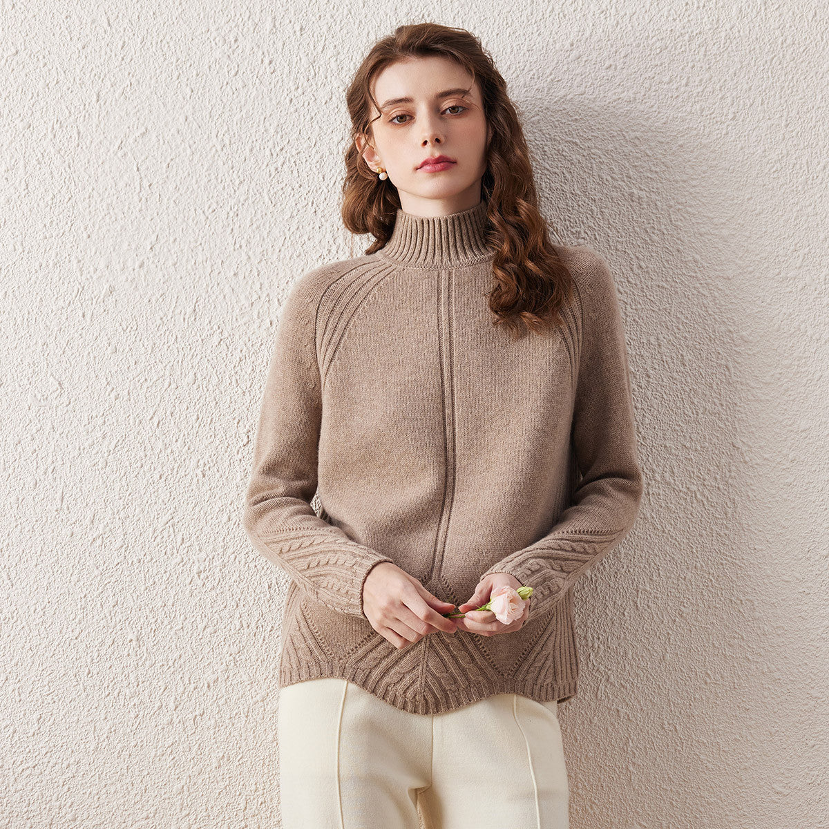 100% Wool Mock Neck Cable Knit Sweater