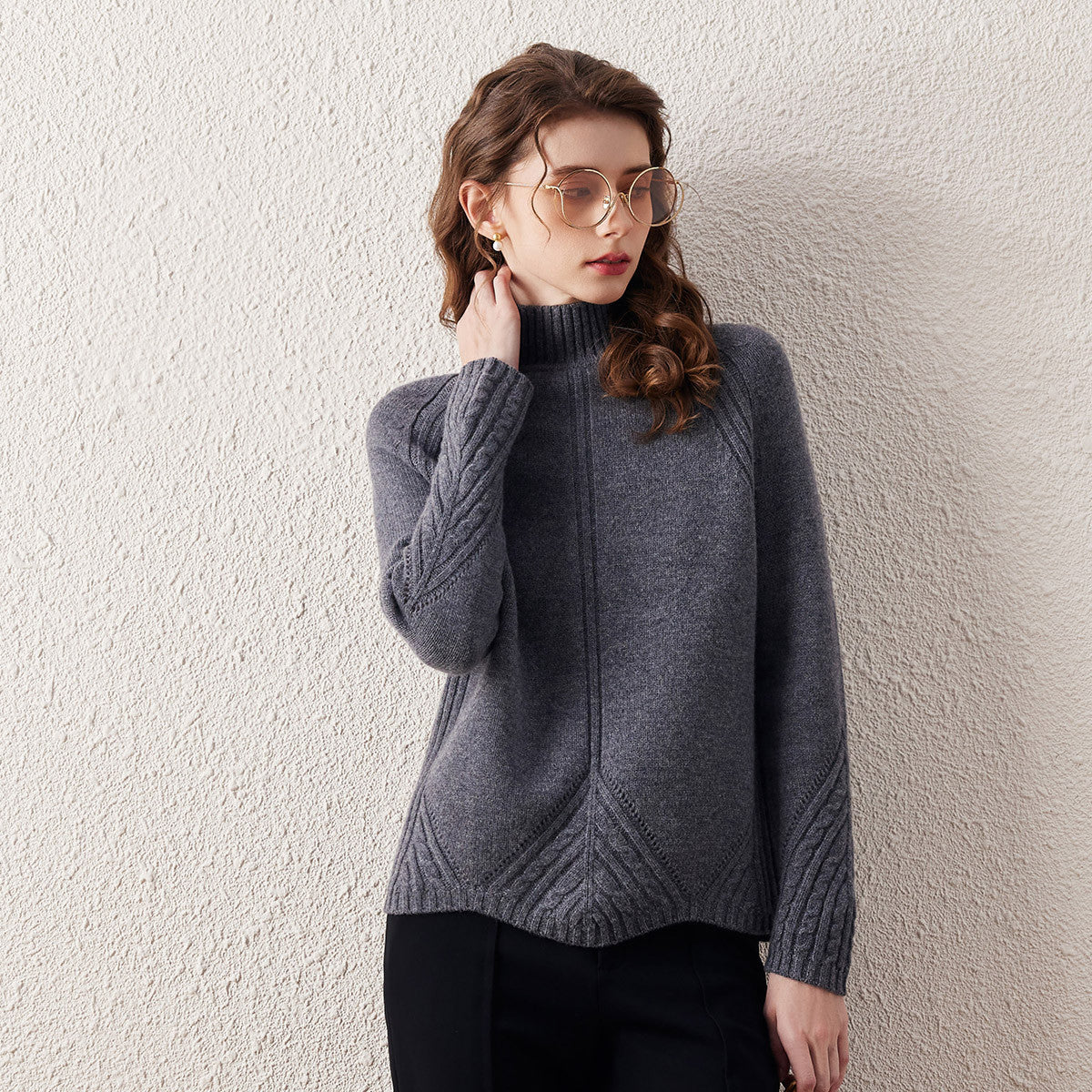 100% Wool Mock Neck Cable Knit Sweater