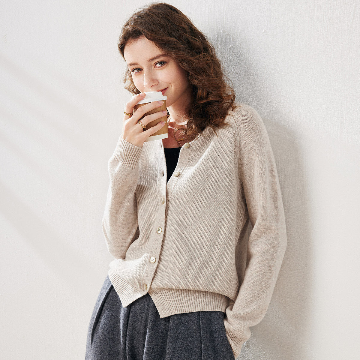 100% Wool Round Neck Cardigan Sweater