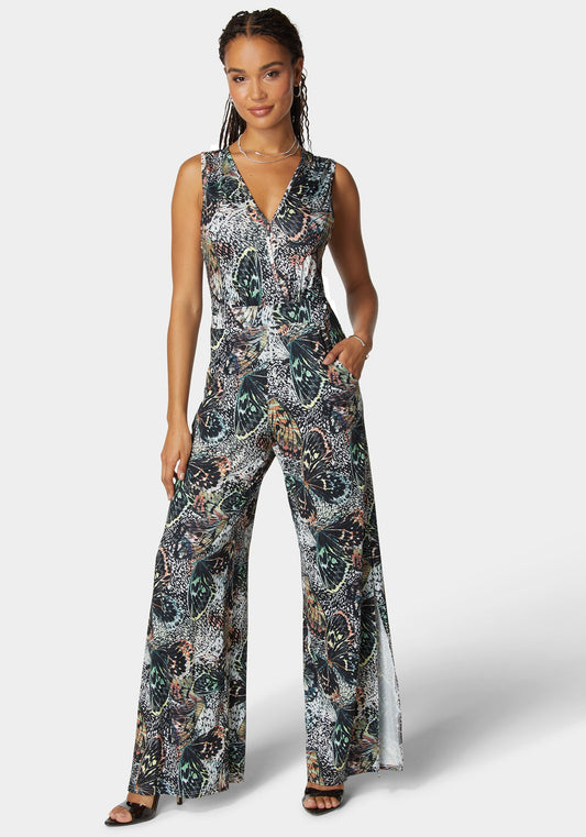 Printed Plunge Neck Jumpsuit