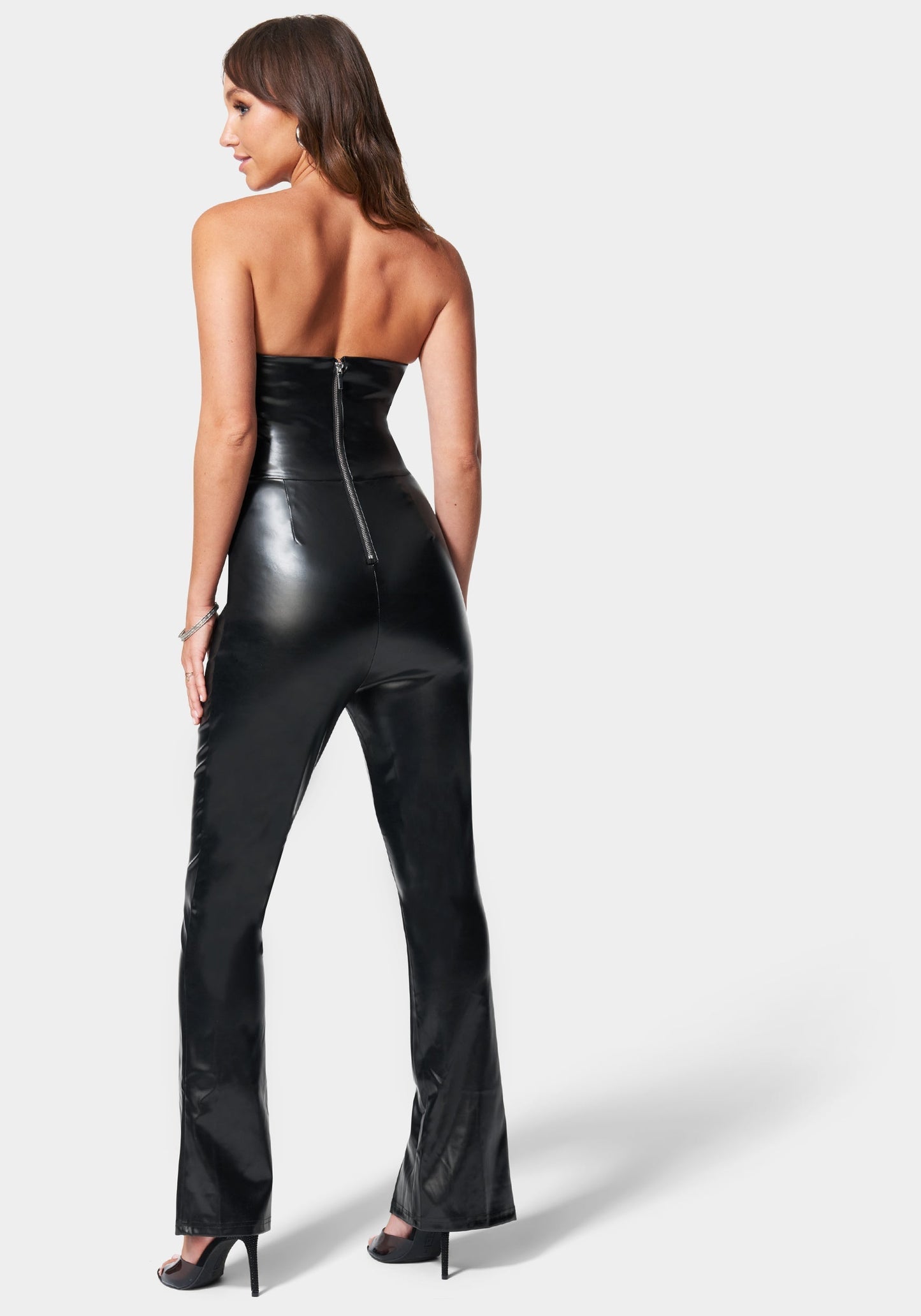 Split Hem Strapless Vegan Leather Jumpsuit