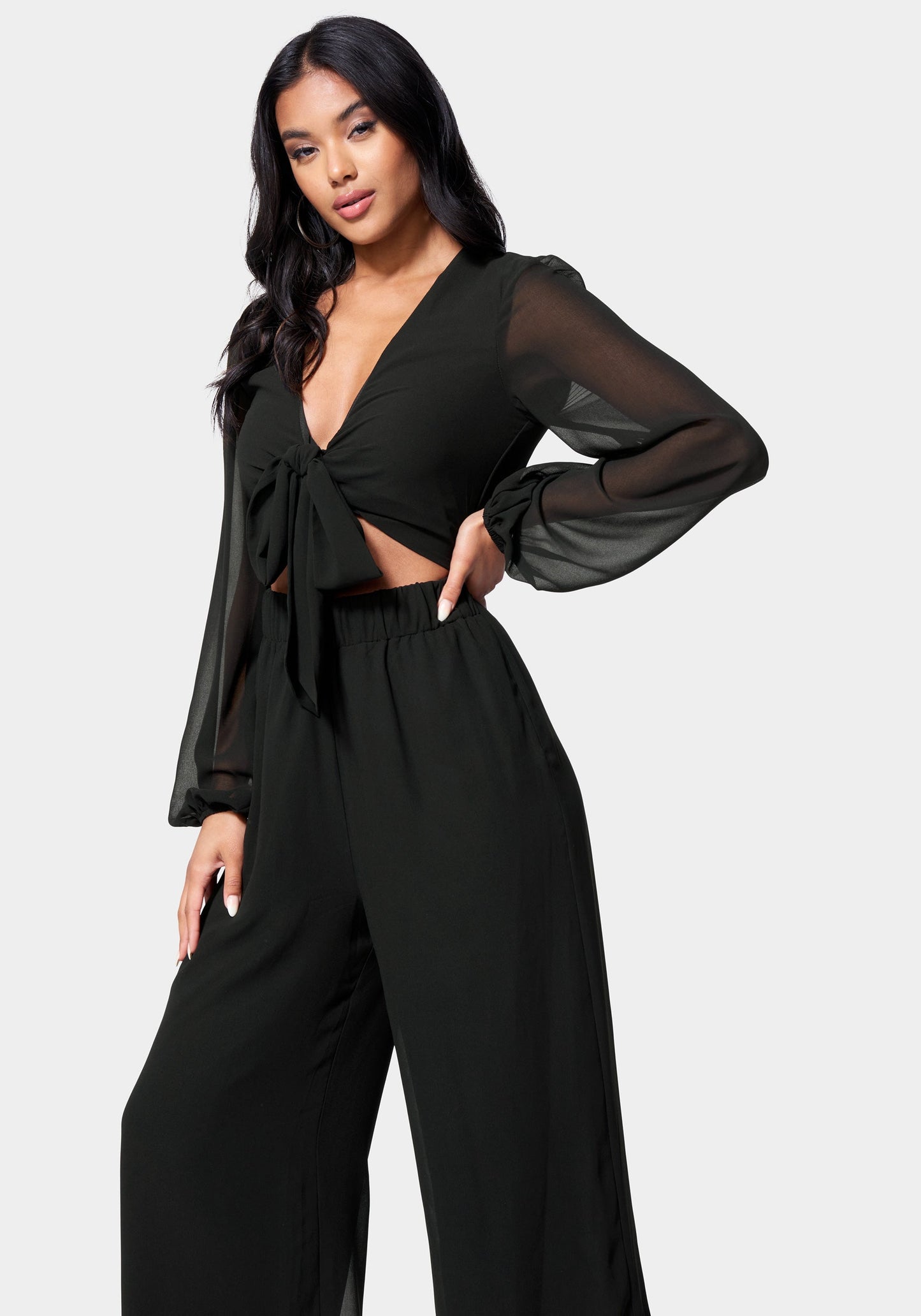 Tie Front Elastic Waist Jumpsuit