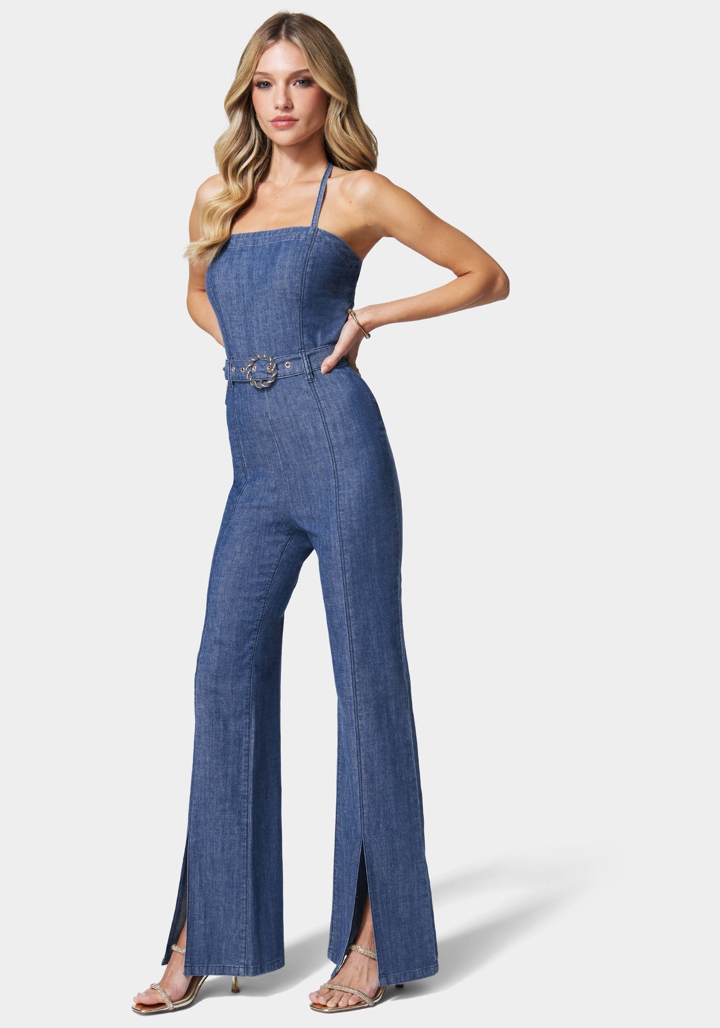 Front Slit Belted Wide Leg Denim Jumpsuit