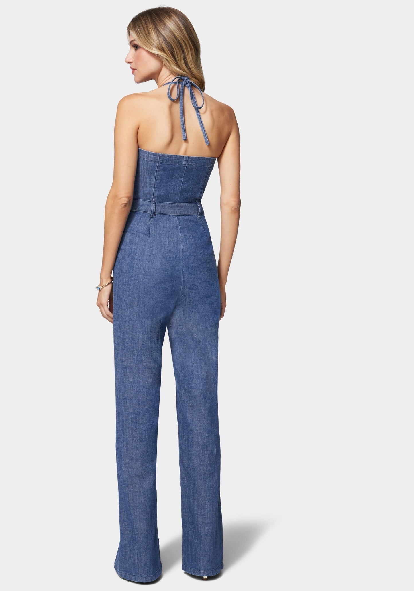 Front Slit Belted Wide Leg Denim Jumpsuit