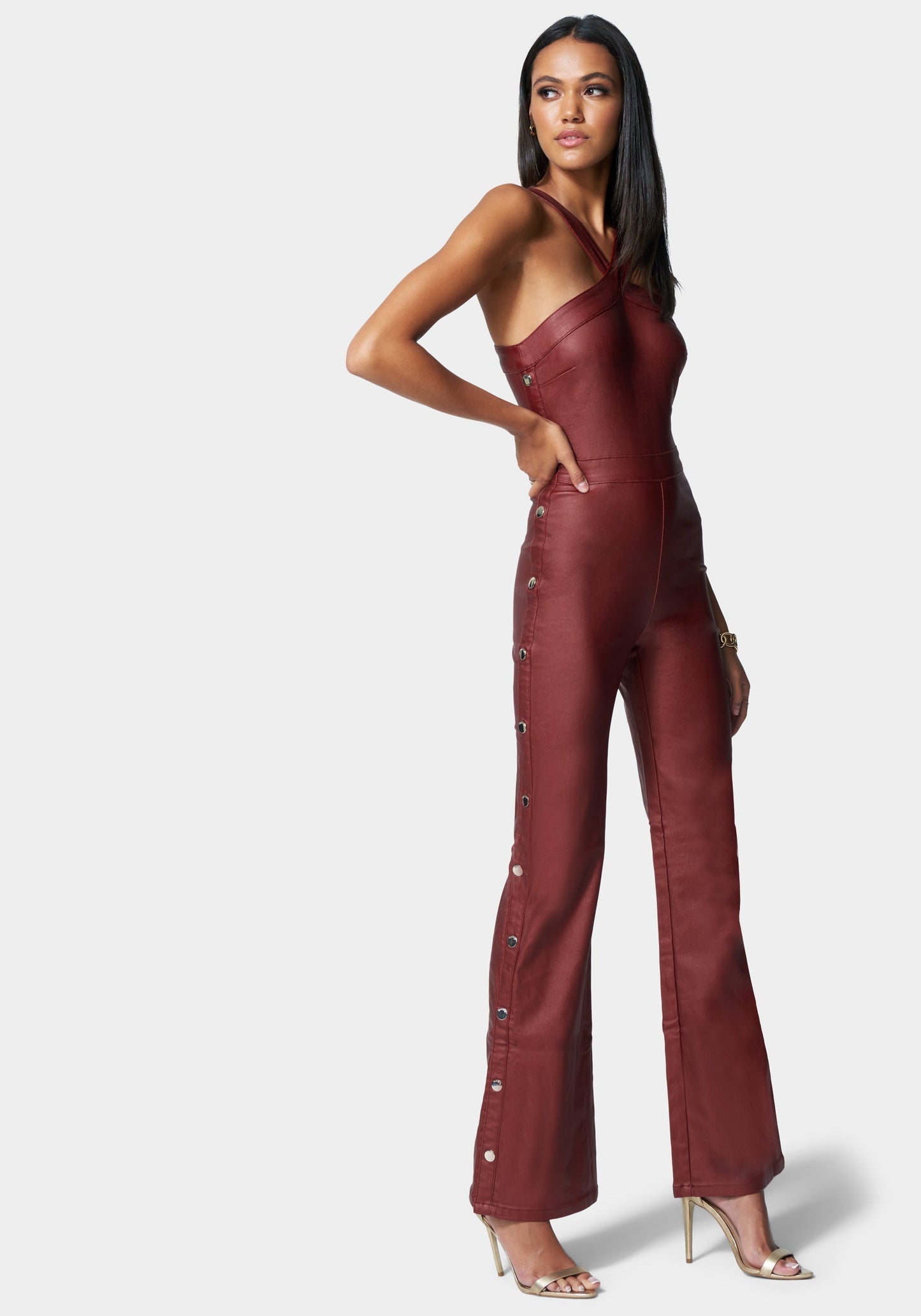 Wide Leg Snap Detail Coated Denim Jumpsuit