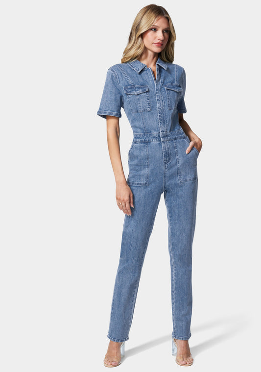 Straight Leg Zip Front Denim Jumpsuit