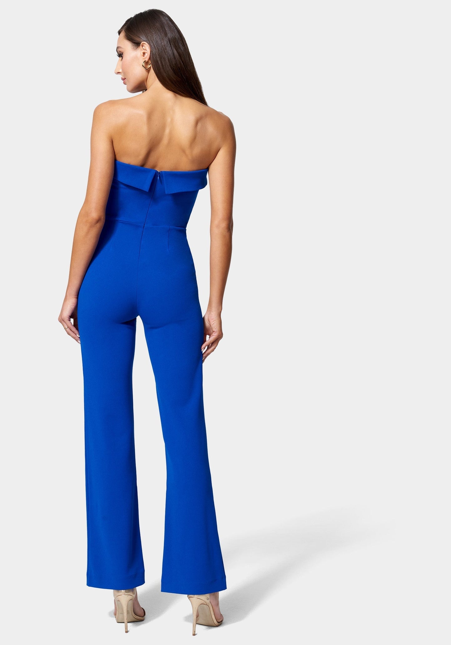 Knit Crepe Strapless Button Detail Wide Leg Jumpsuit