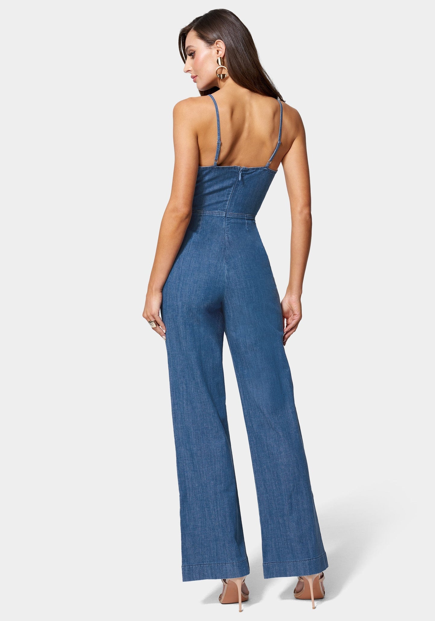 Front Ruched Cut Out Wide Leg Lightweight Denim Jumpsuit