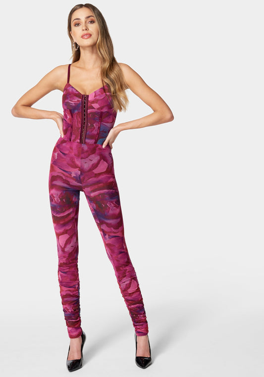 Printed Sleeveless Mesh Corset Jumpsuit