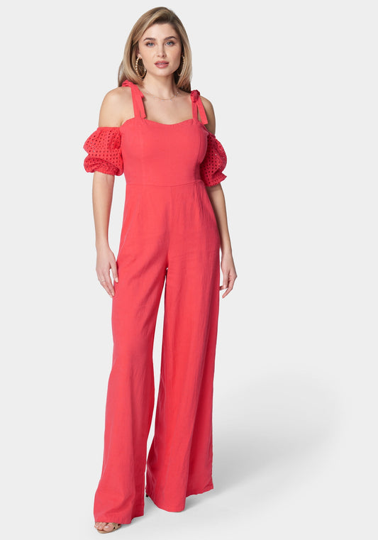 Embroidered Cotton Puff Sleeve Full Wide Leg Jumpsuit