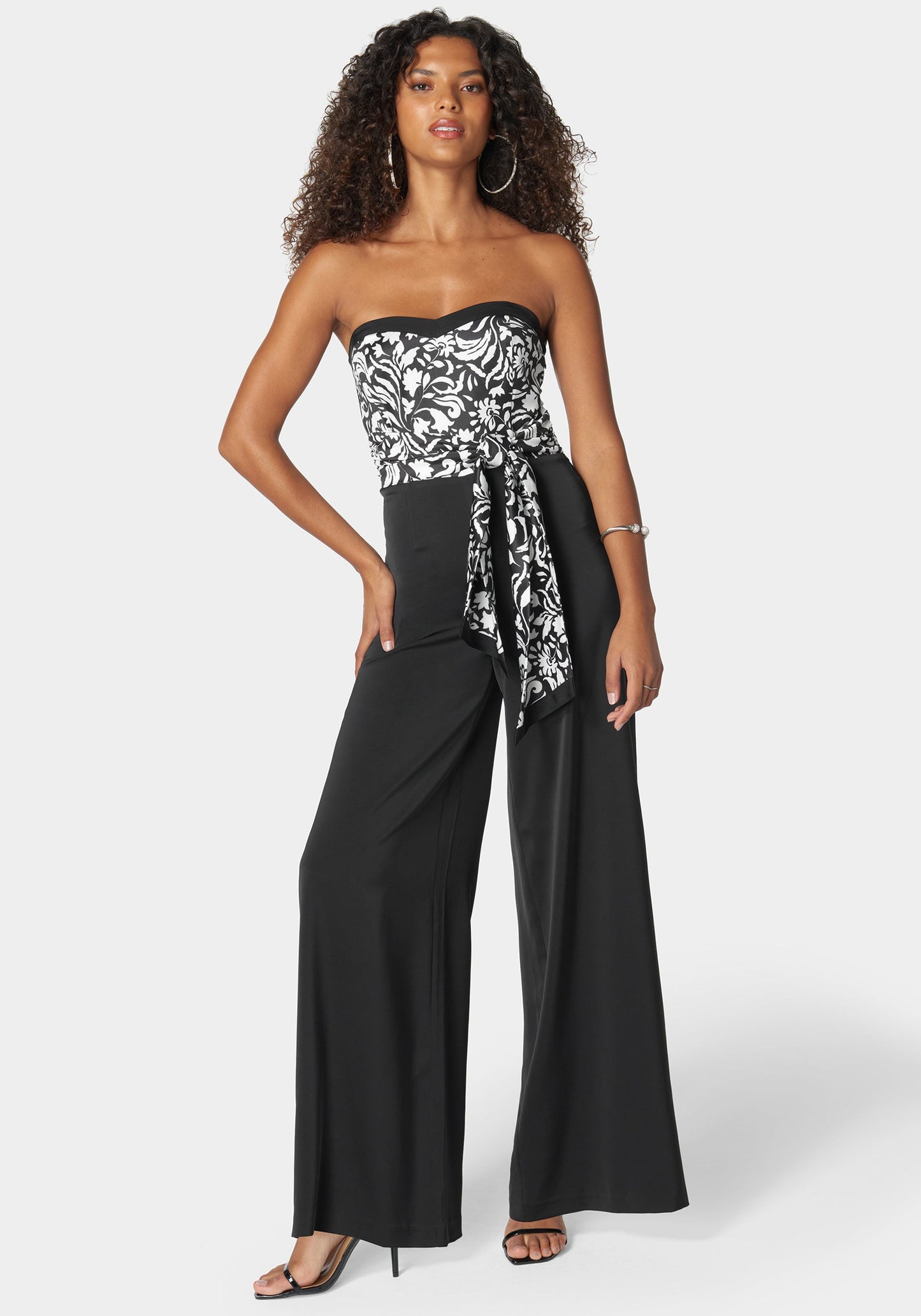 Satin Tie Front Scarf Ultra Wide Leg Jumpsuit