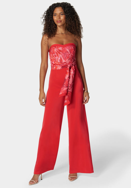 Satin Tie Front Scarf Ultra Wide Leg Jumpsuit