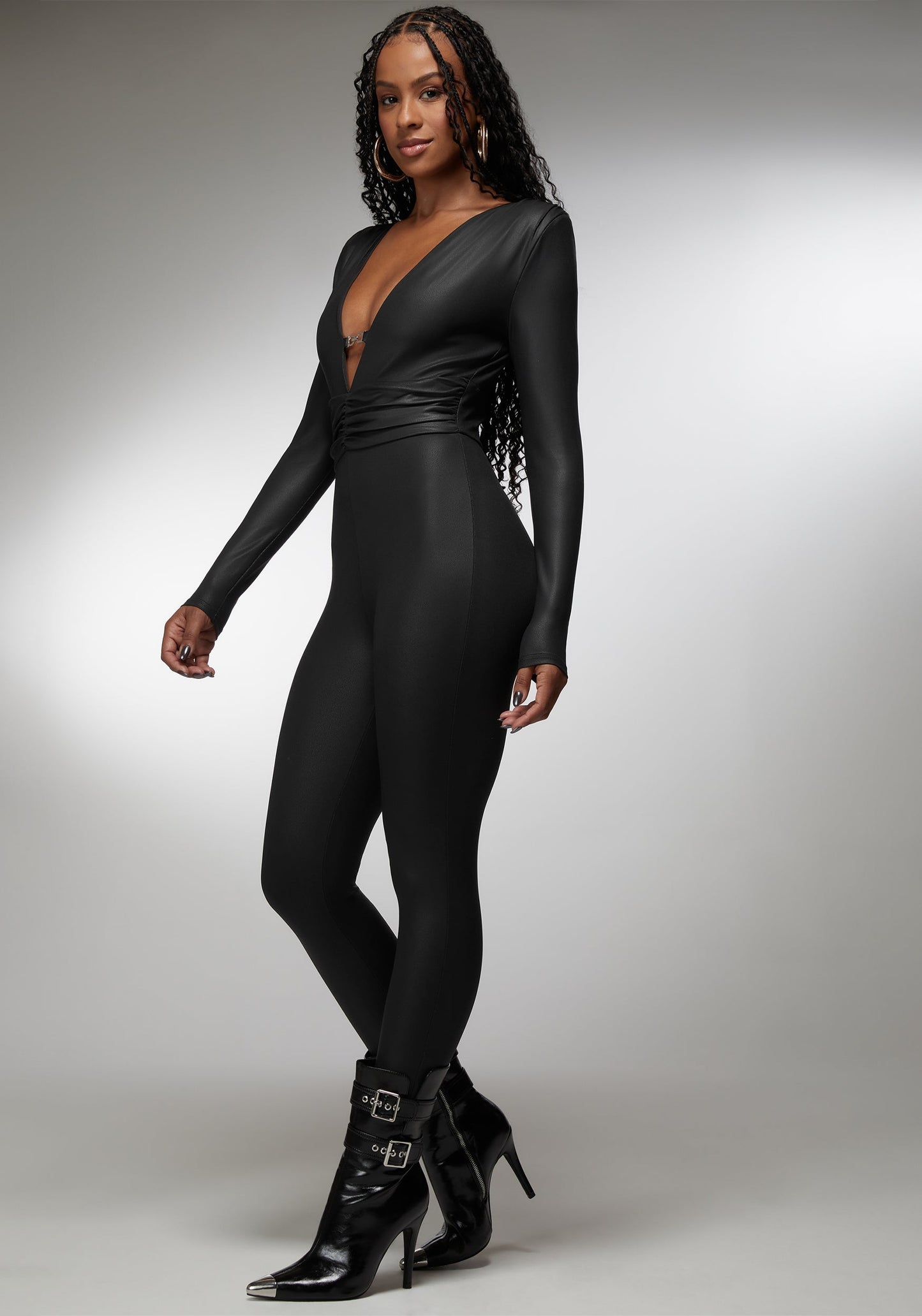 Plunging V-Neck Metal Trim Detail Catsuit