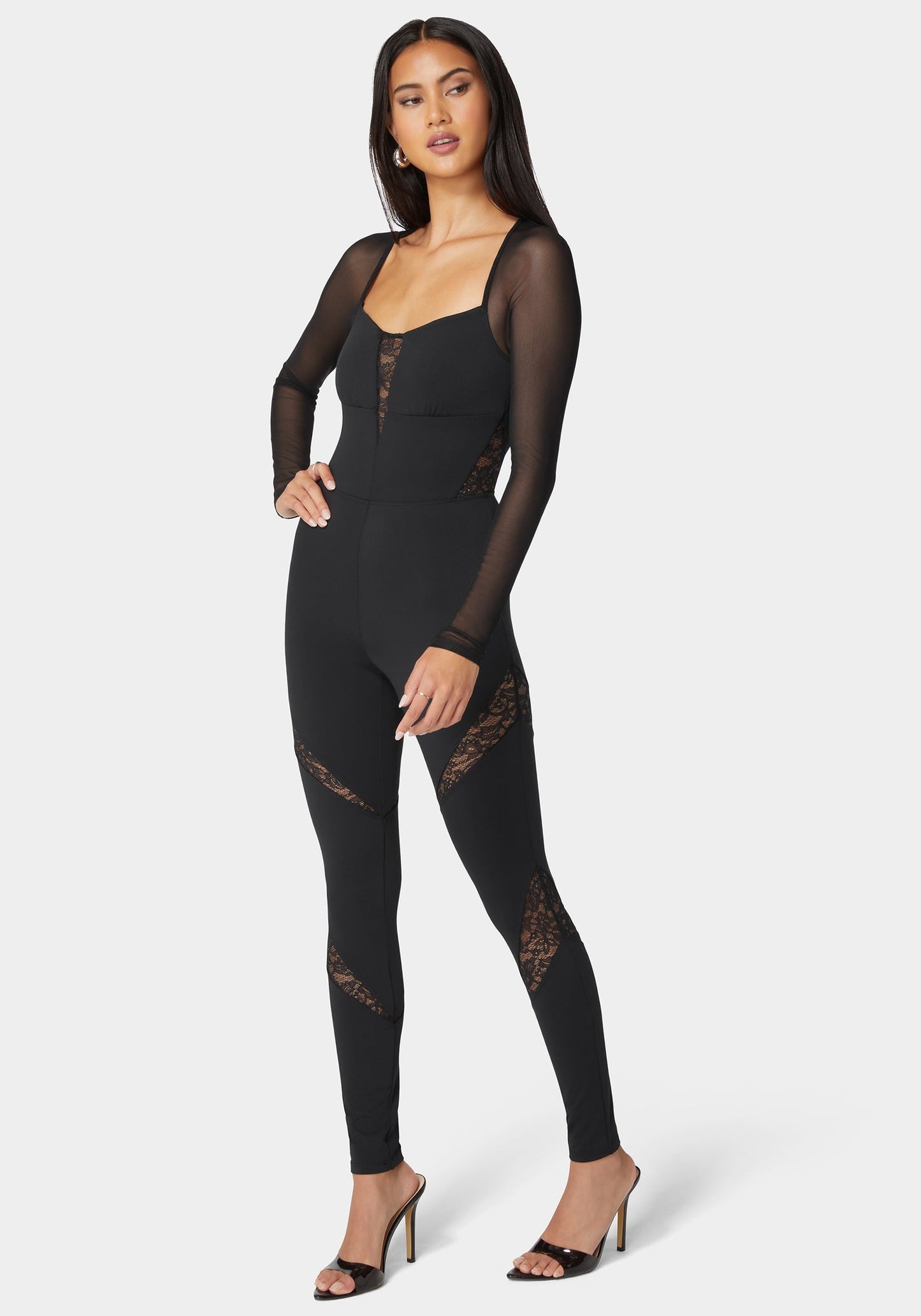 Mesh Sleeve Lace Insert Catsuit