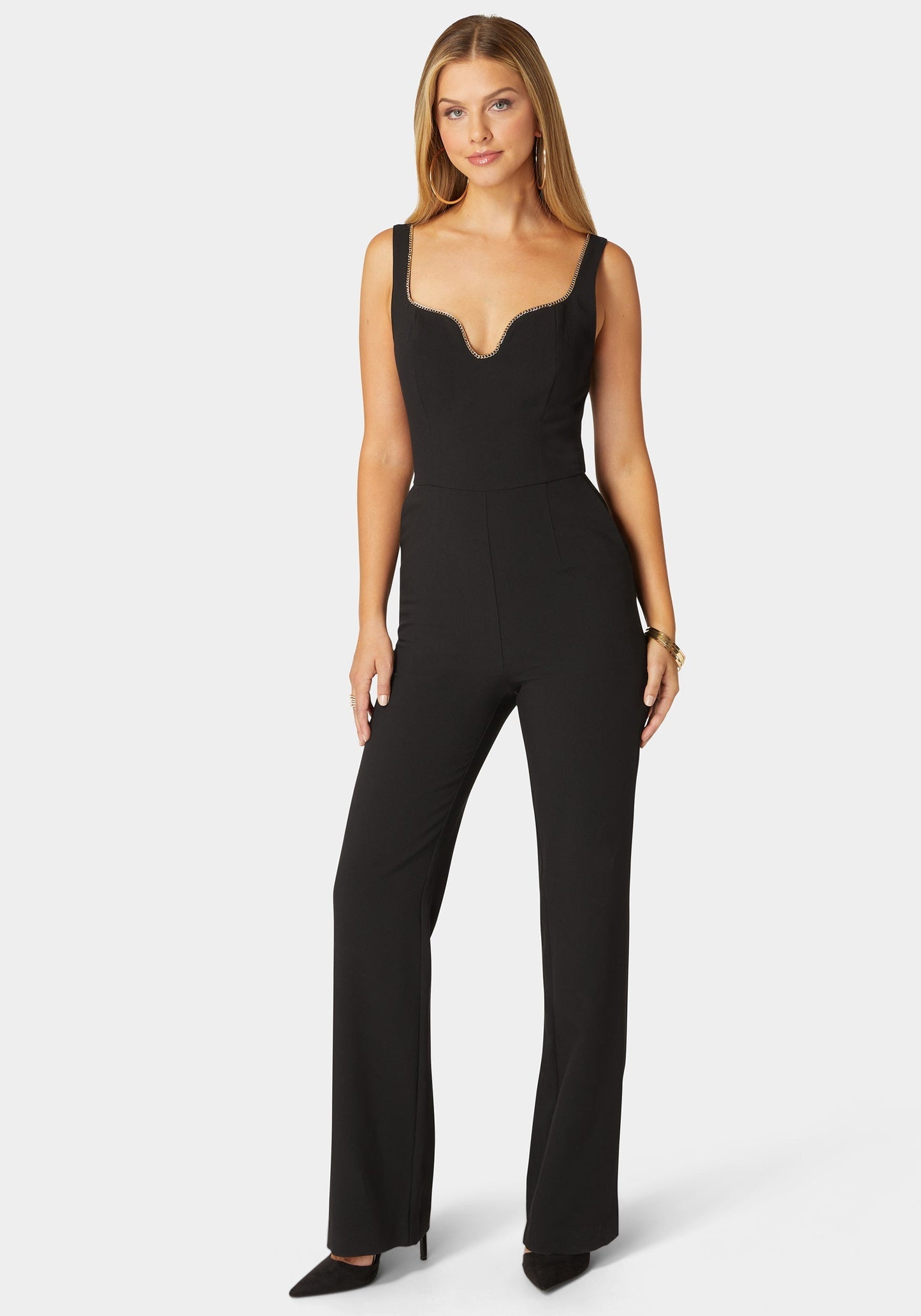 Plunging U Neck Chain Detail Wide Leg Jumpsuit