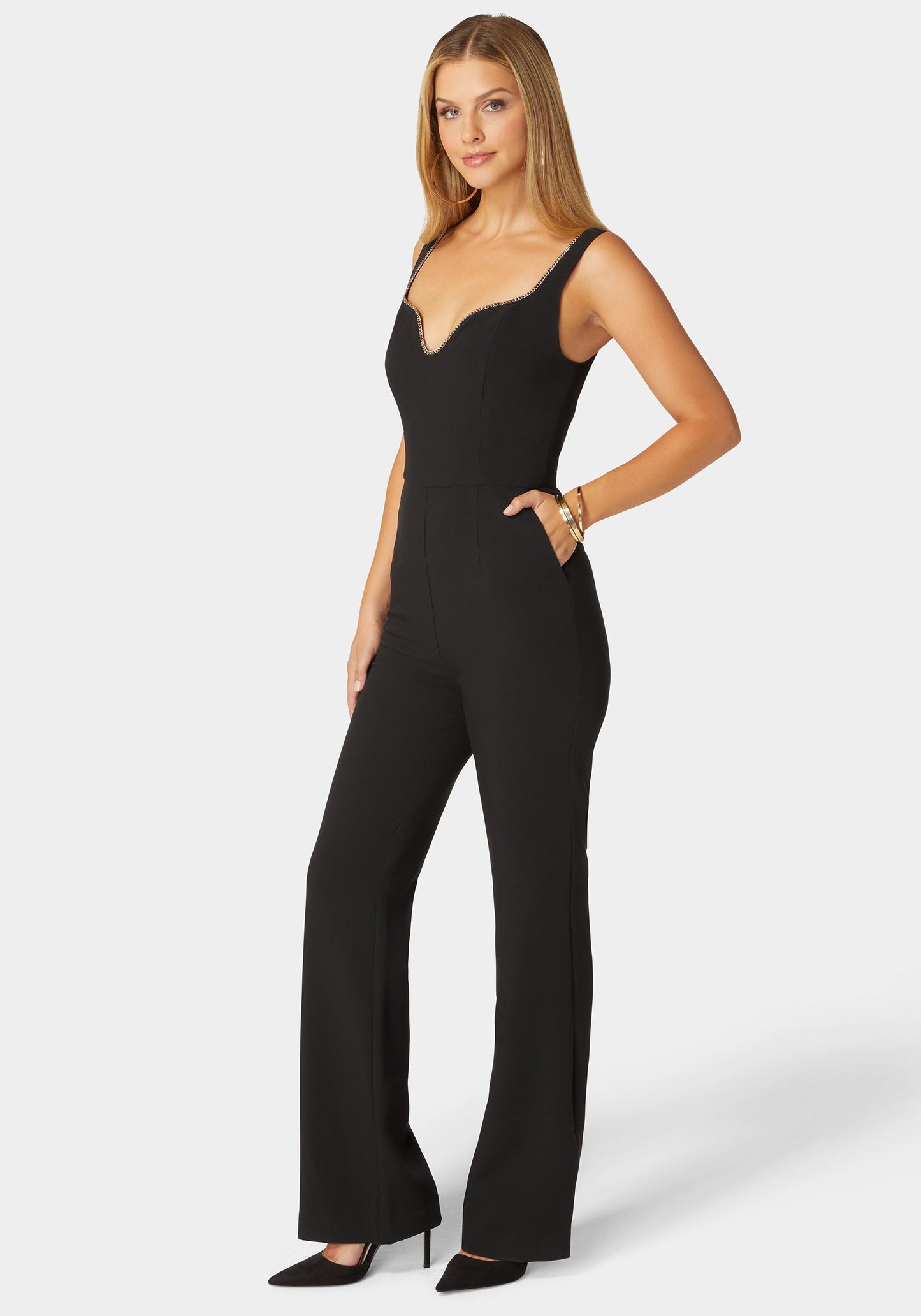 Plunging U Neck Chain Detail Wide Leg Jumpsuit