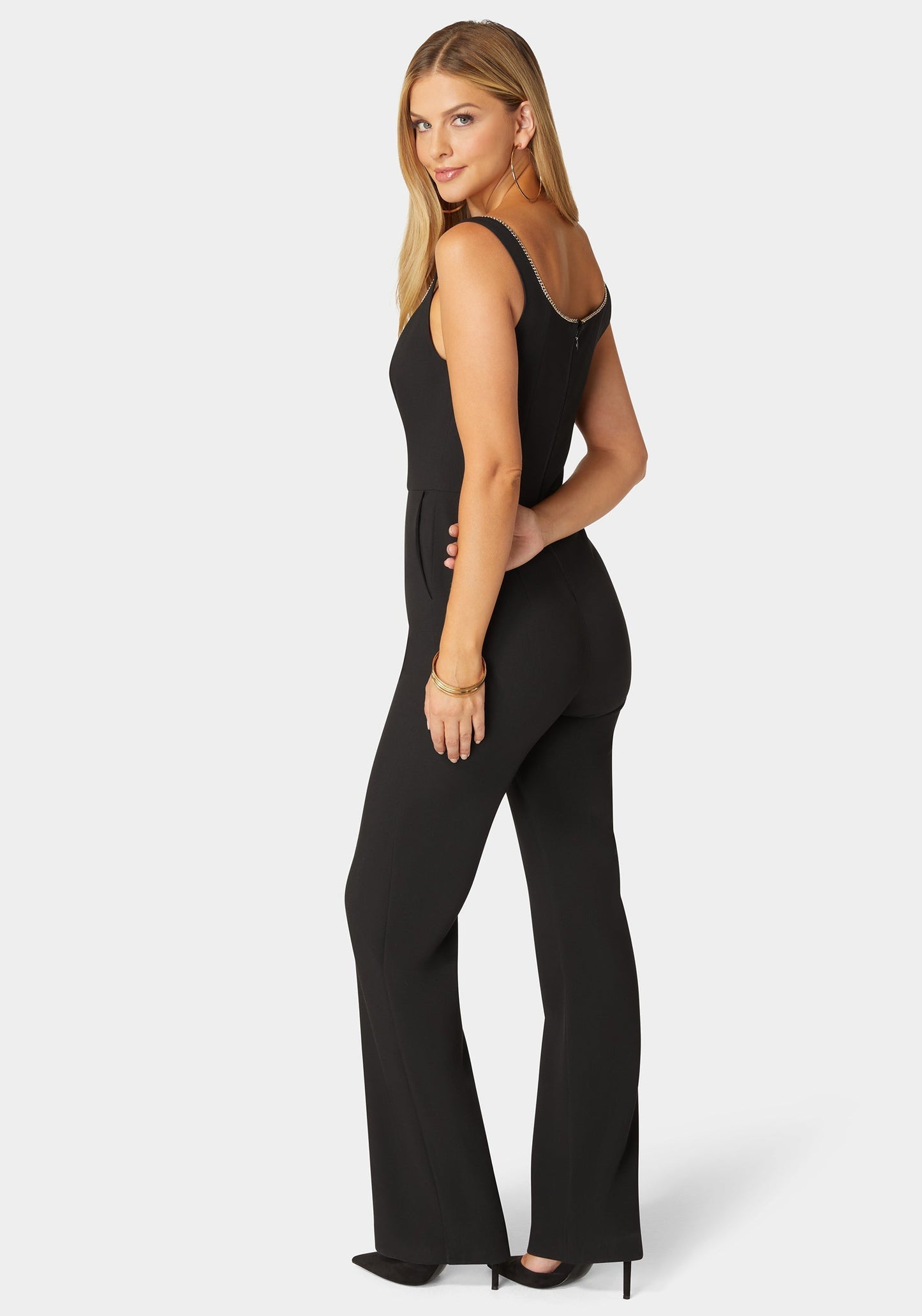 Plunging U Neck Chain Detail Wide Leg Jumpsuit