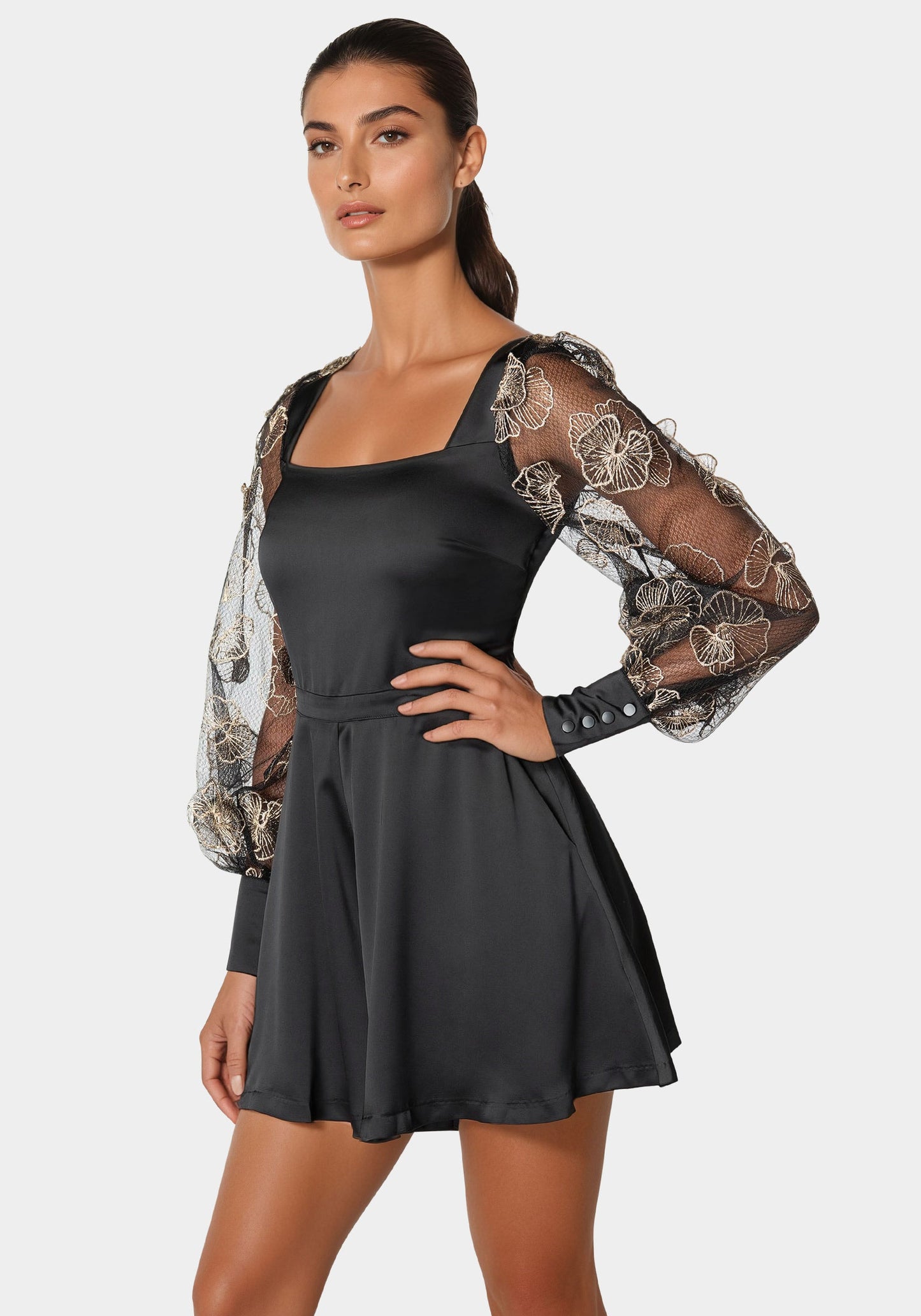 Floral Lurex Sleeve Satin Romper