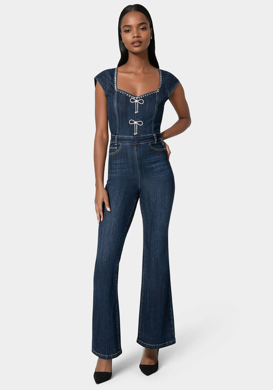 Embellished Neckline Flared Leg Denim Jumpsuit