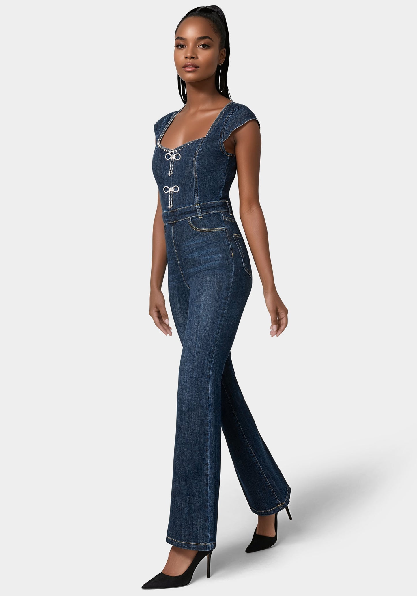 Embellished Neckline Flared Leg Denim Jumpsuit