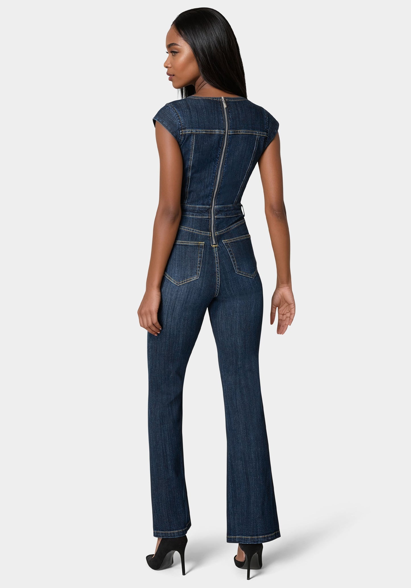 Embellished Neckline Flared Leg Denim Jumpsuit