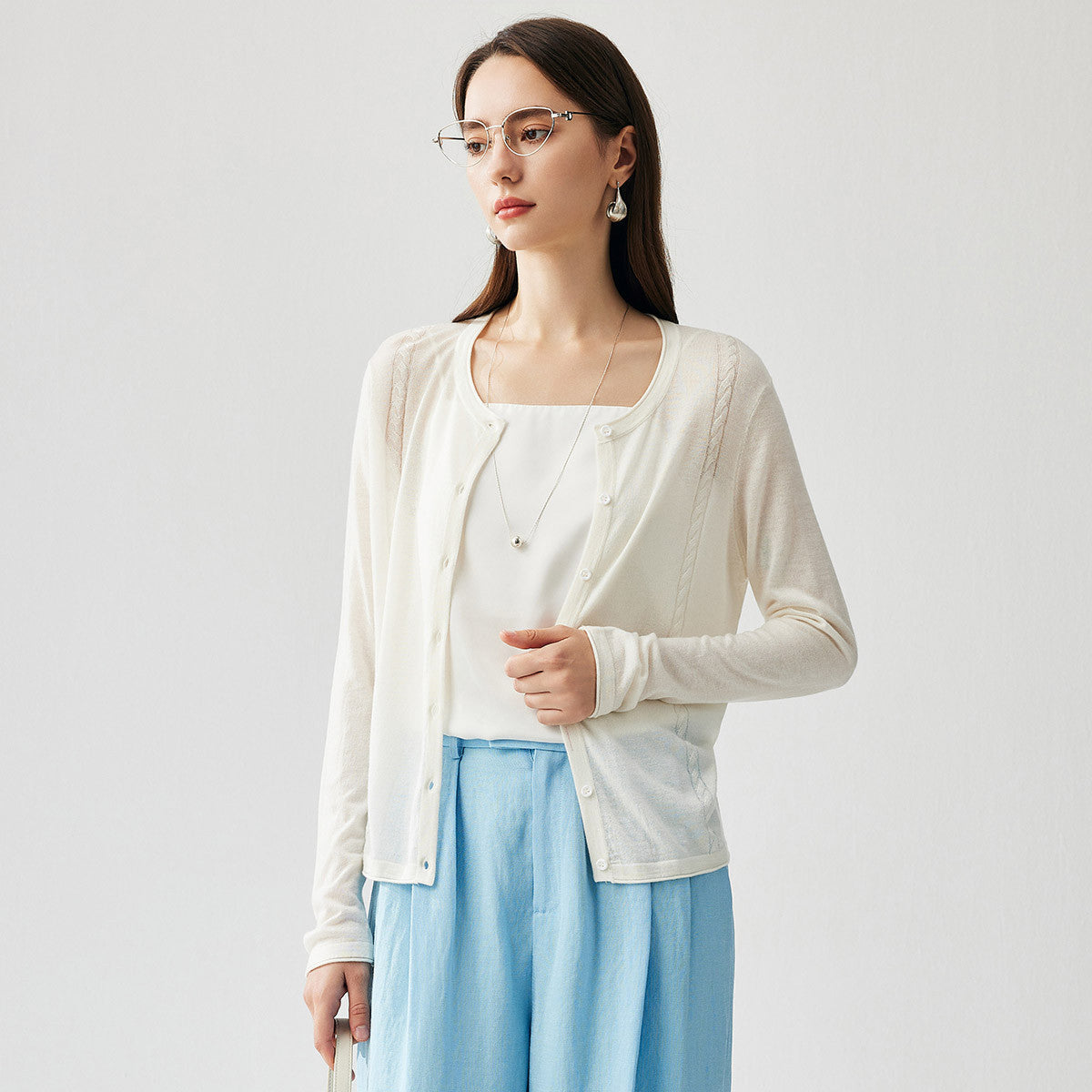 Womens Button-Up Cardigan with Cable Knit Detail