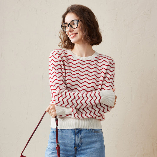 100% Cashmere Wave Pattern Knit Sweater