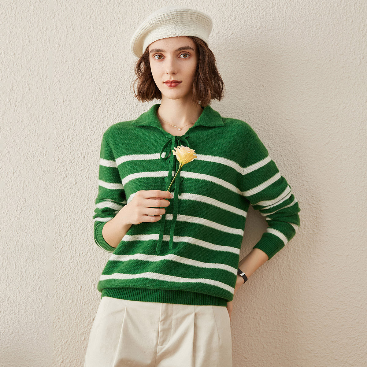 100% Cashmere Striped Lace-up Collar Sweater