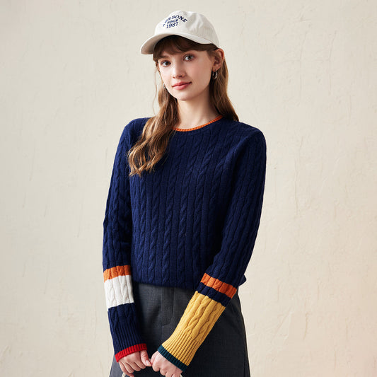 100% Wool Colorblock Cable Knit Sweater