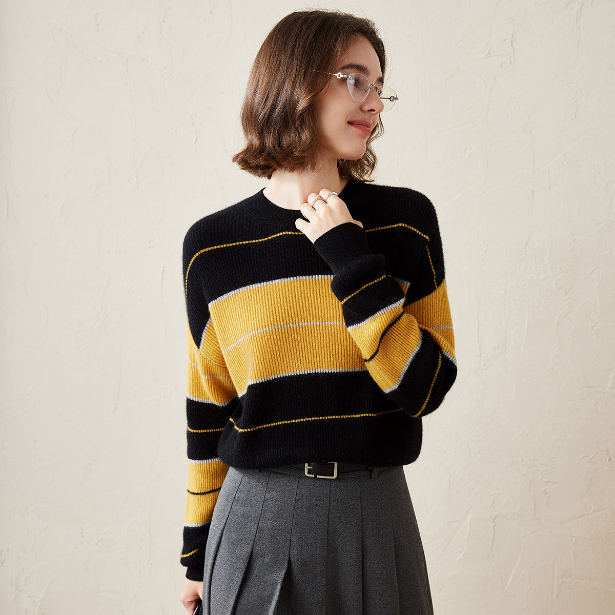 100% Cashmere Casual Striped Crewneck Sweater