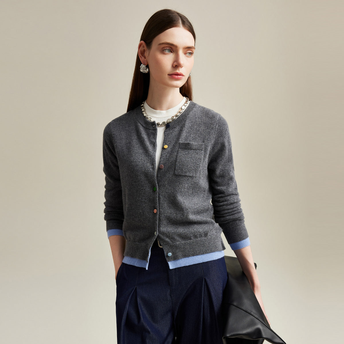 100% Cashmere Contrast-Trim Cardigan with Pockets