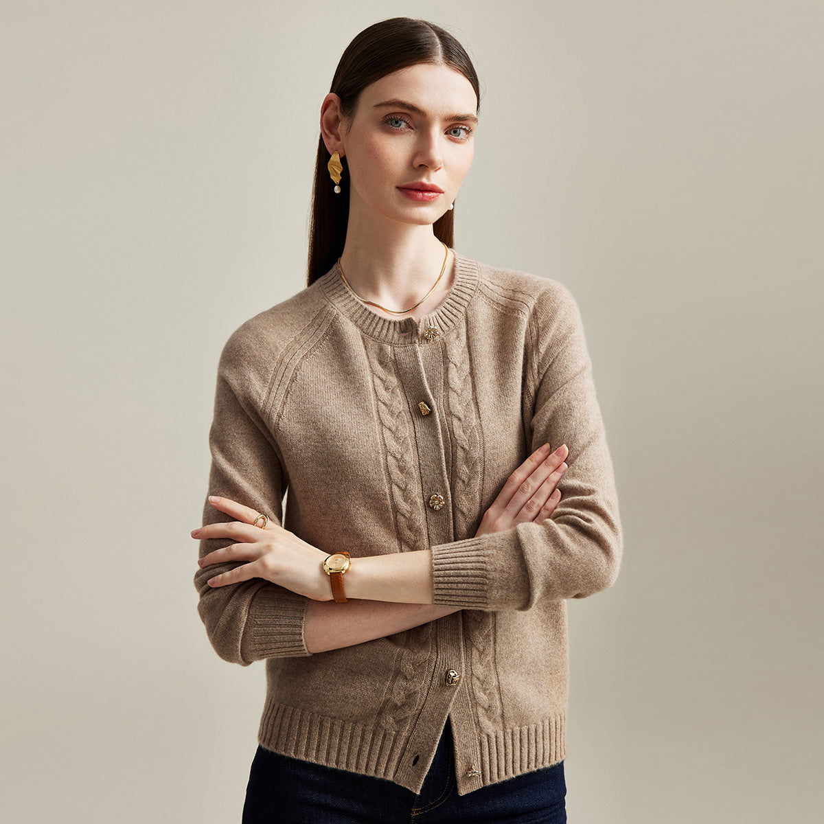 100% Cashmere Cable Button Knit Cardigan