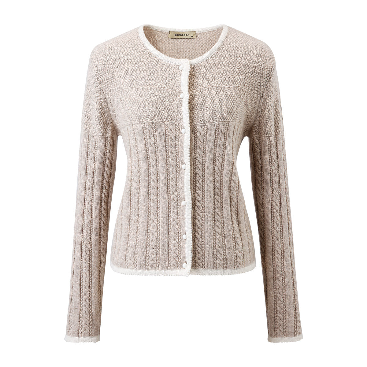 100% Cashmere Cable Knit Cardigan with Contrasting Trim