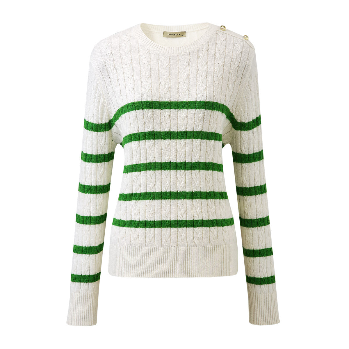 100% Cashmere Cable Knit Striped Sweater with Button Details