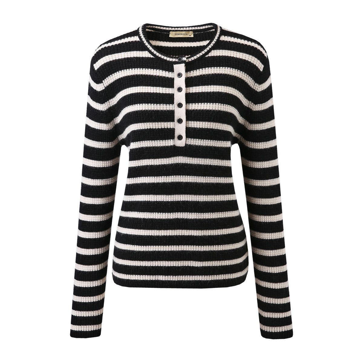 100% Cashmere Striped Knit Henley Sweater