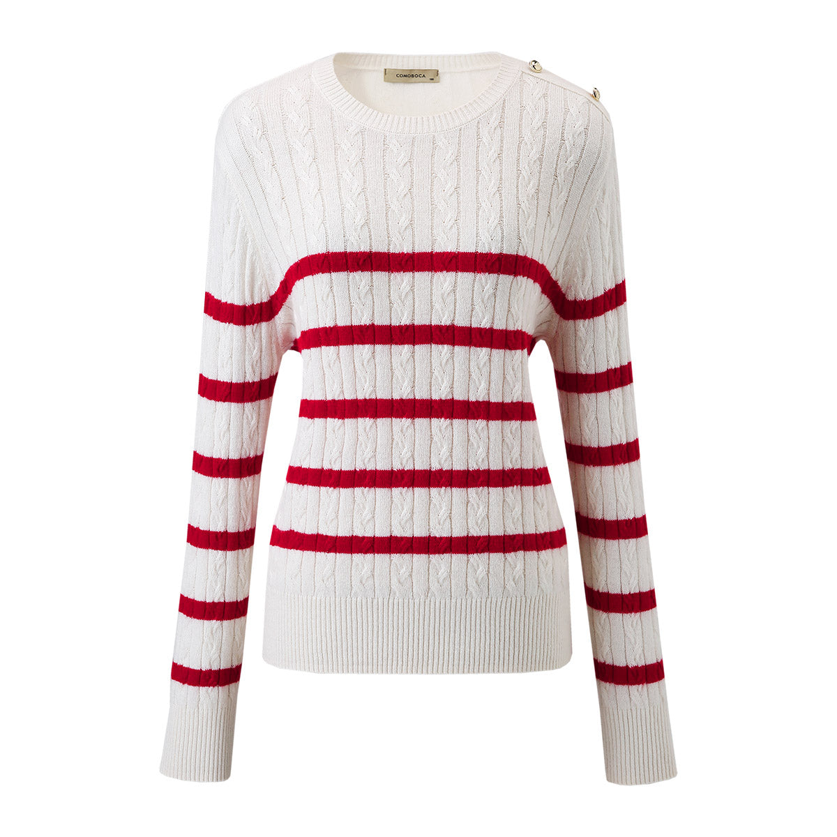 100% Cashmere Cable Knit Striped Sweater with Button Details