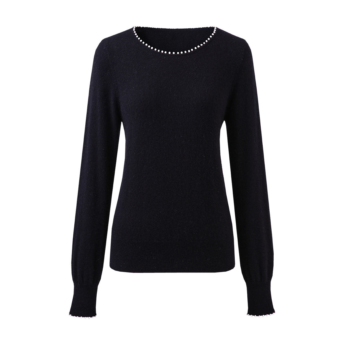 100% Cashmere Elegant Pearl-Trimmed Knit Sweater