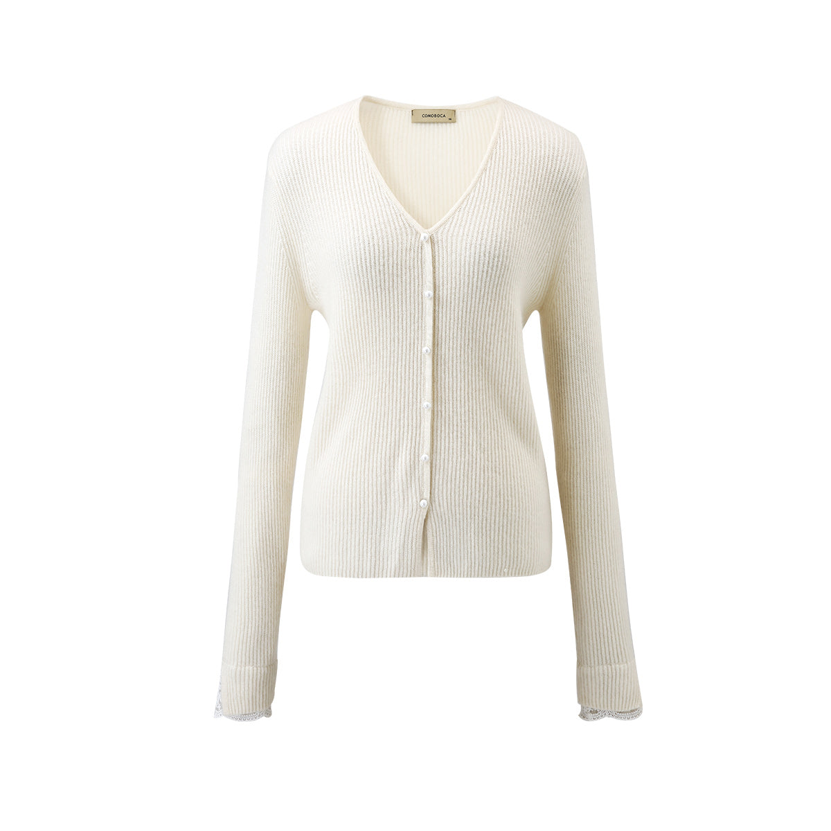 100% Cashmere Faux Button Down Sweater with Lace Cuff Detail