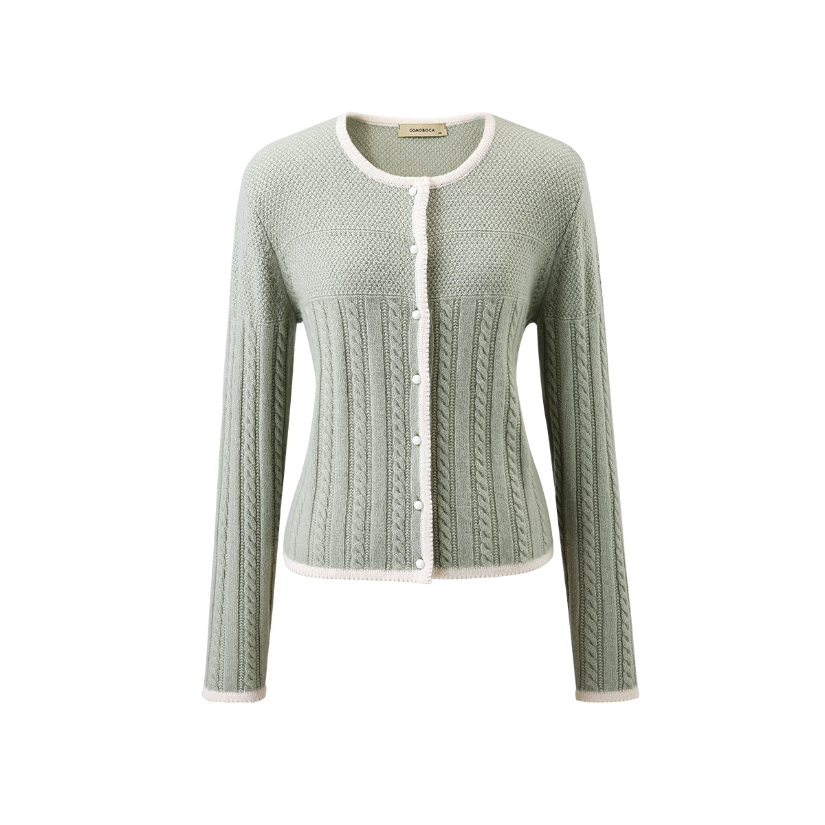 100% Cashmere Cable Knit Cardigan with Contrasting Trim