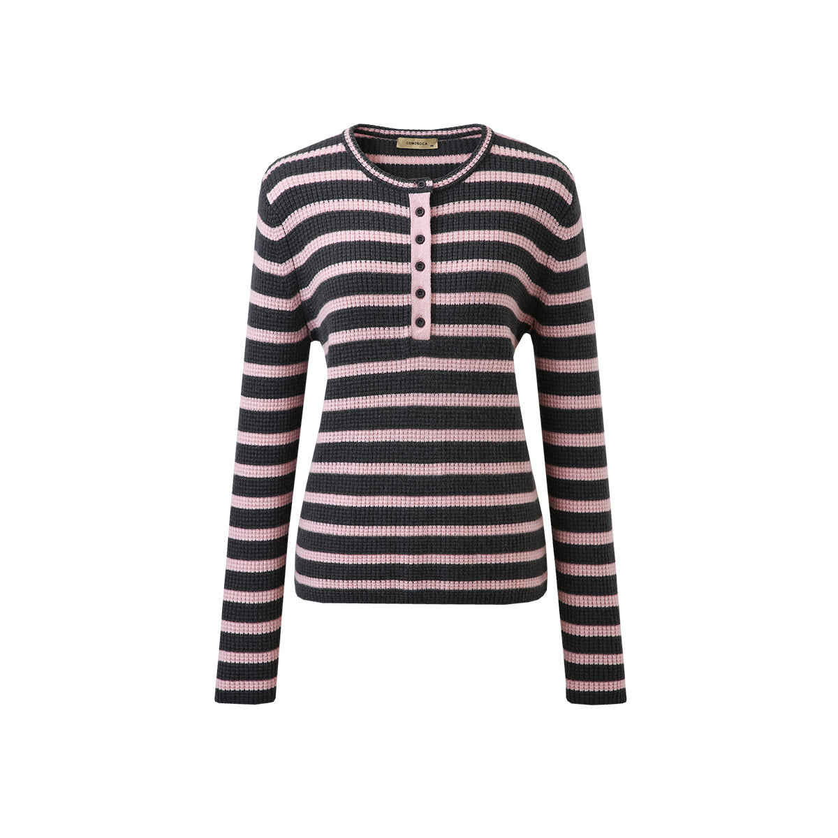 100% Cashmere Striped Knit Henley Sweater