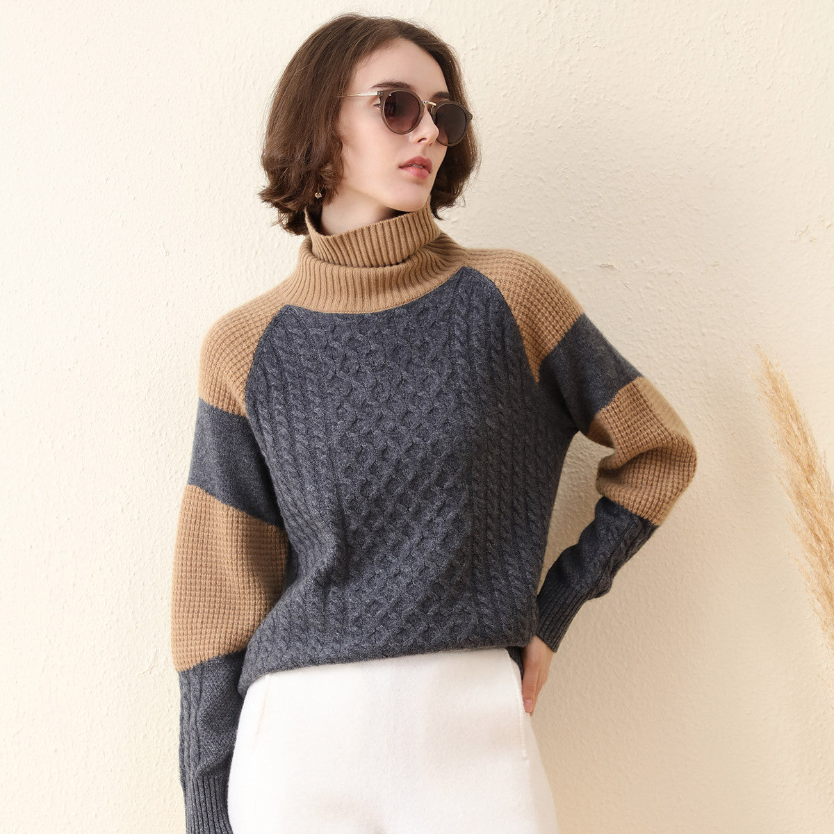 100% Cashmere Cable Knit Color Block Sweater