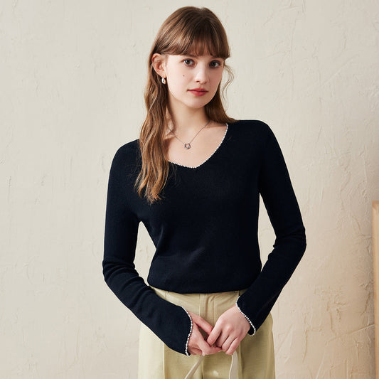 100% Wool V-Neck Sweater with Pearl Accents