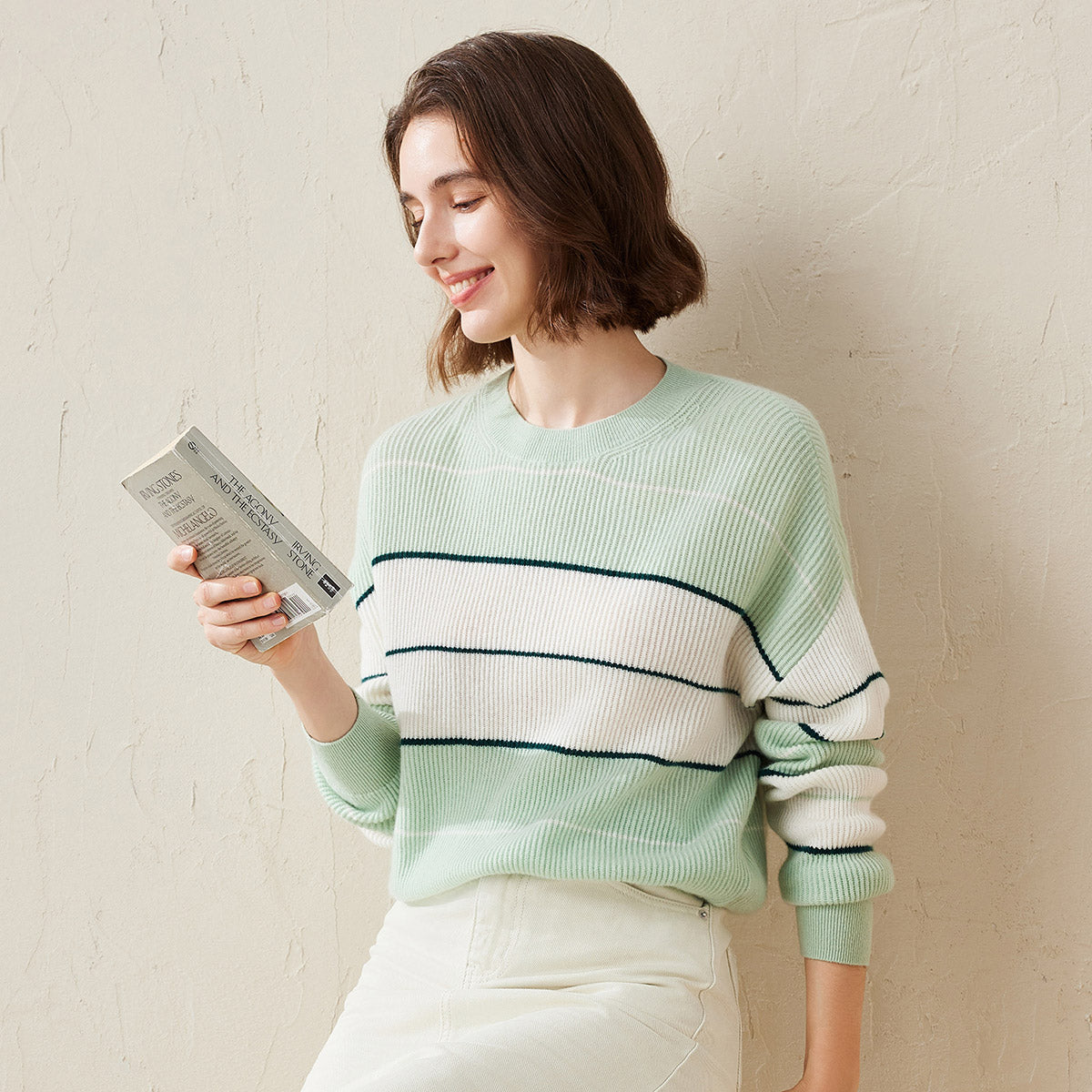 100% Cashmere Casual Striped Crewneck Sweater