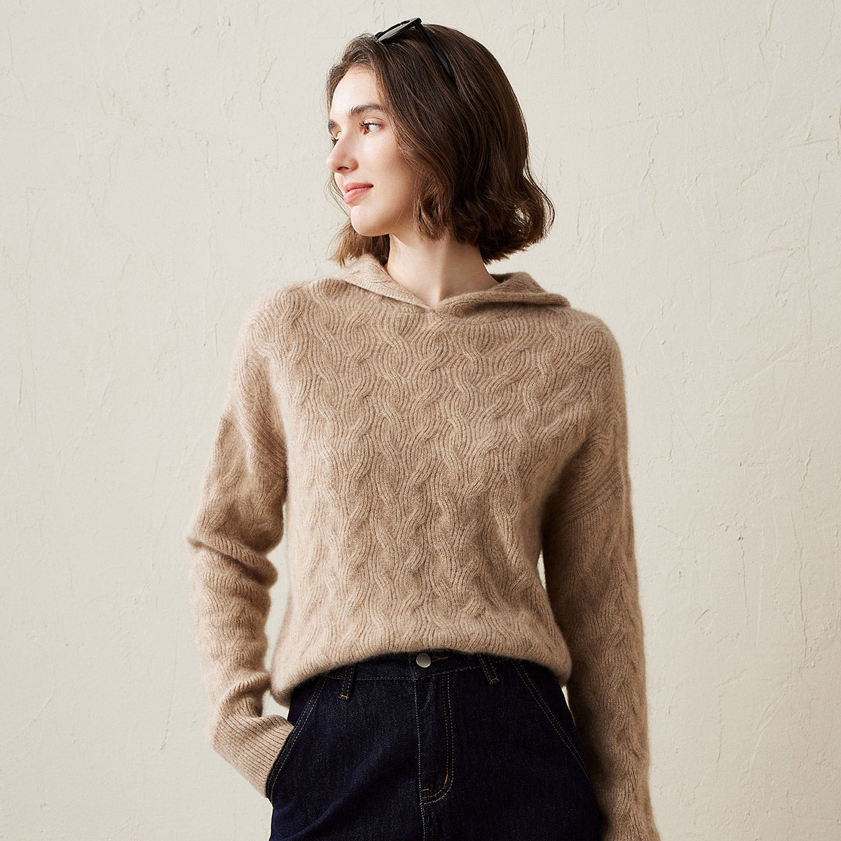 100% Cashmere Cable Knit Hooded Sweater