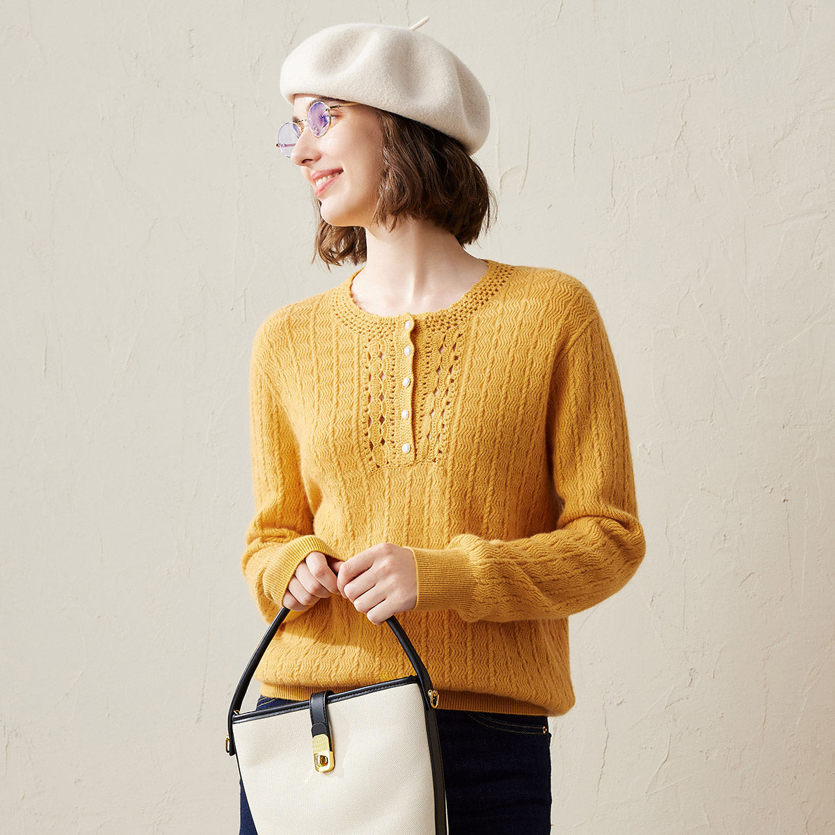 100% Cashmere Knit Sweater with Button Detail