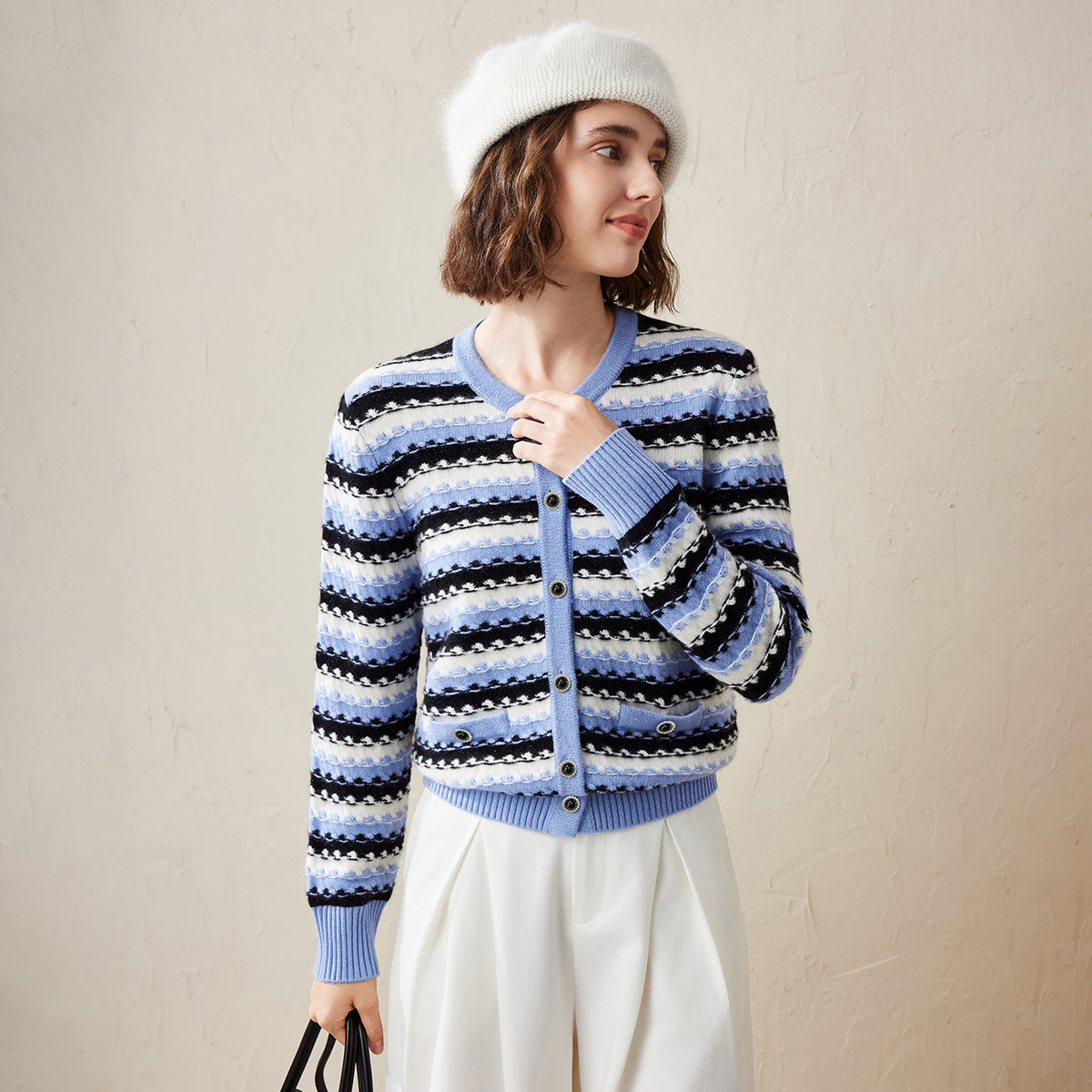 100% Cashmere Striped Knitted Button Up Cardigan