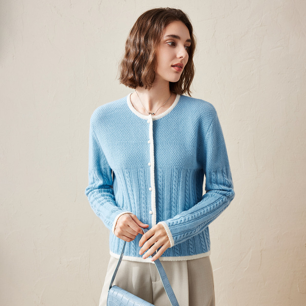 100% Cashmere Cable Knit Cardigan with Contrasting Trim